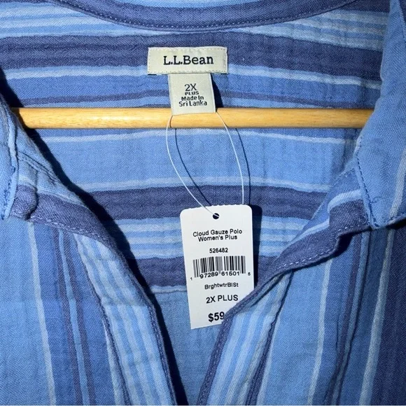 L.L. Bean NWT Coastal Cloud Gauze Polo Blue Striped Blouse Size 2X PLUS - Picture 5 of 6